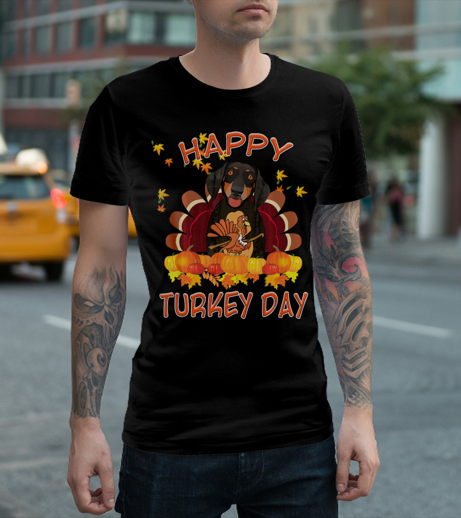 Happy Turkey Day Funny Dachshund Pumpkin Turkey Thanksgiving T-Shirt
