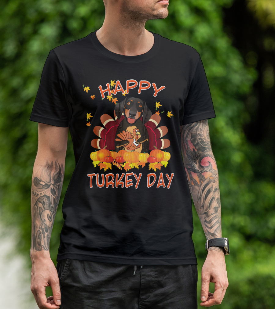 Happy Turkey Day Funny Dachshund Pumpkin Turkey Thanksgiving T-Shirt