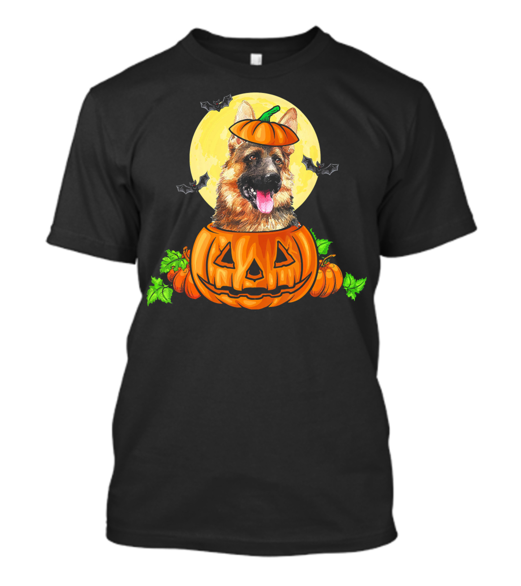 German Shepherd In Pumpkin With Full Moon And Bats T-Shirt