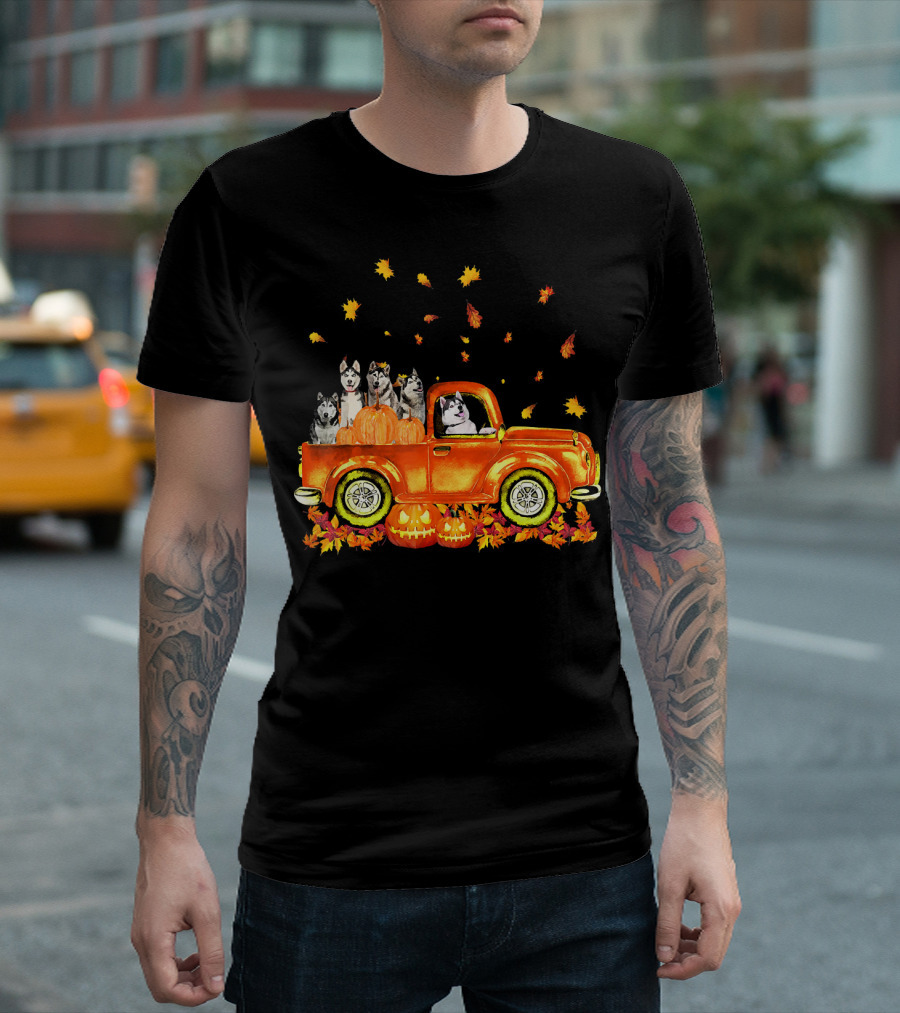 Husky Pumpkin Truck Autumn Leaves T-Shirt