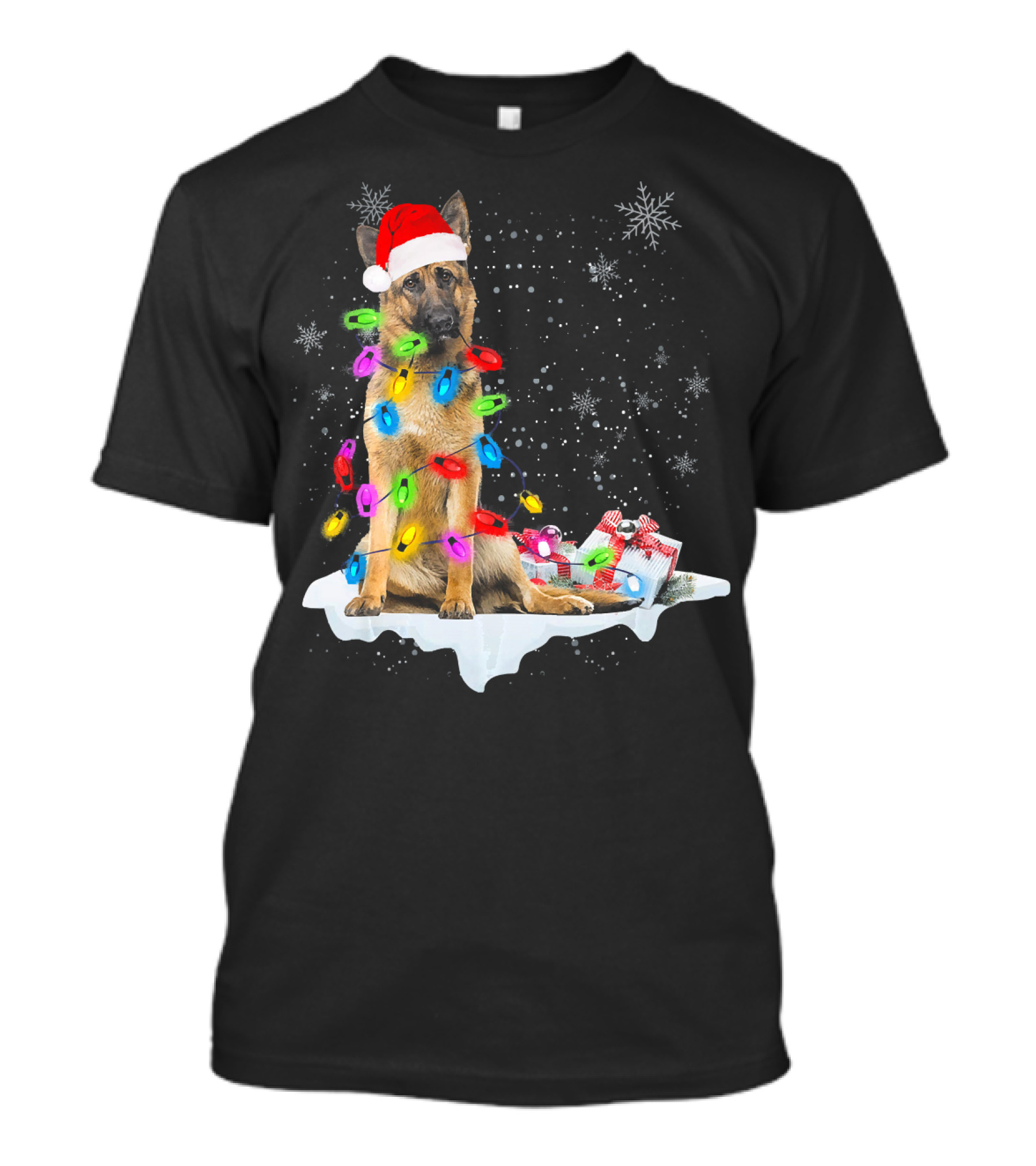 German Shepherd Dog With Christmas Lights And Santa Hat Holiday Scene T-Shirt