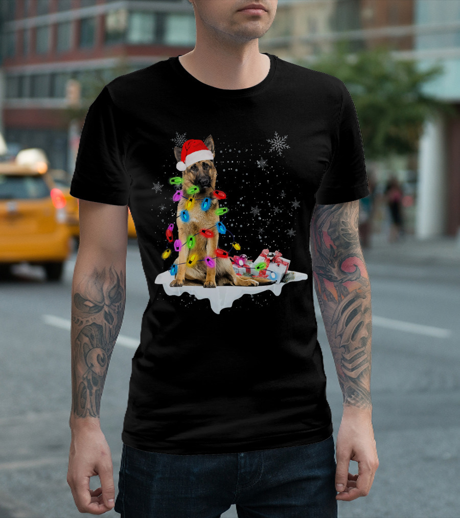 German Shepherd Dog With Christmas Lights And Santa Hat Holiday Scene T-Shirt