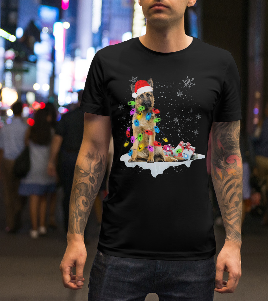 German Shepherd Dog With Christmas Lights And Santa Hat Holiday Scene T-Shirt