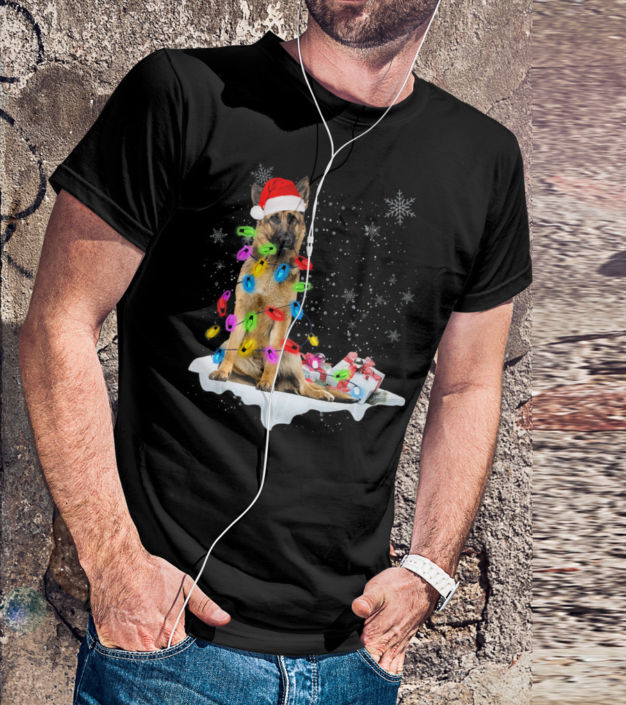 German Shepherd Dog With Christmas Lights And Santa Hat Holiday Scene T-Shirt