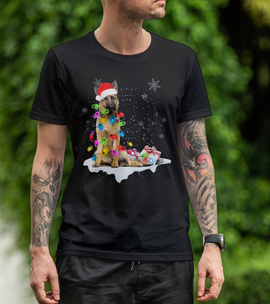 German Shepherd Dog With Christmas Lights And Santa Hat Holiday Scene T-Shirt