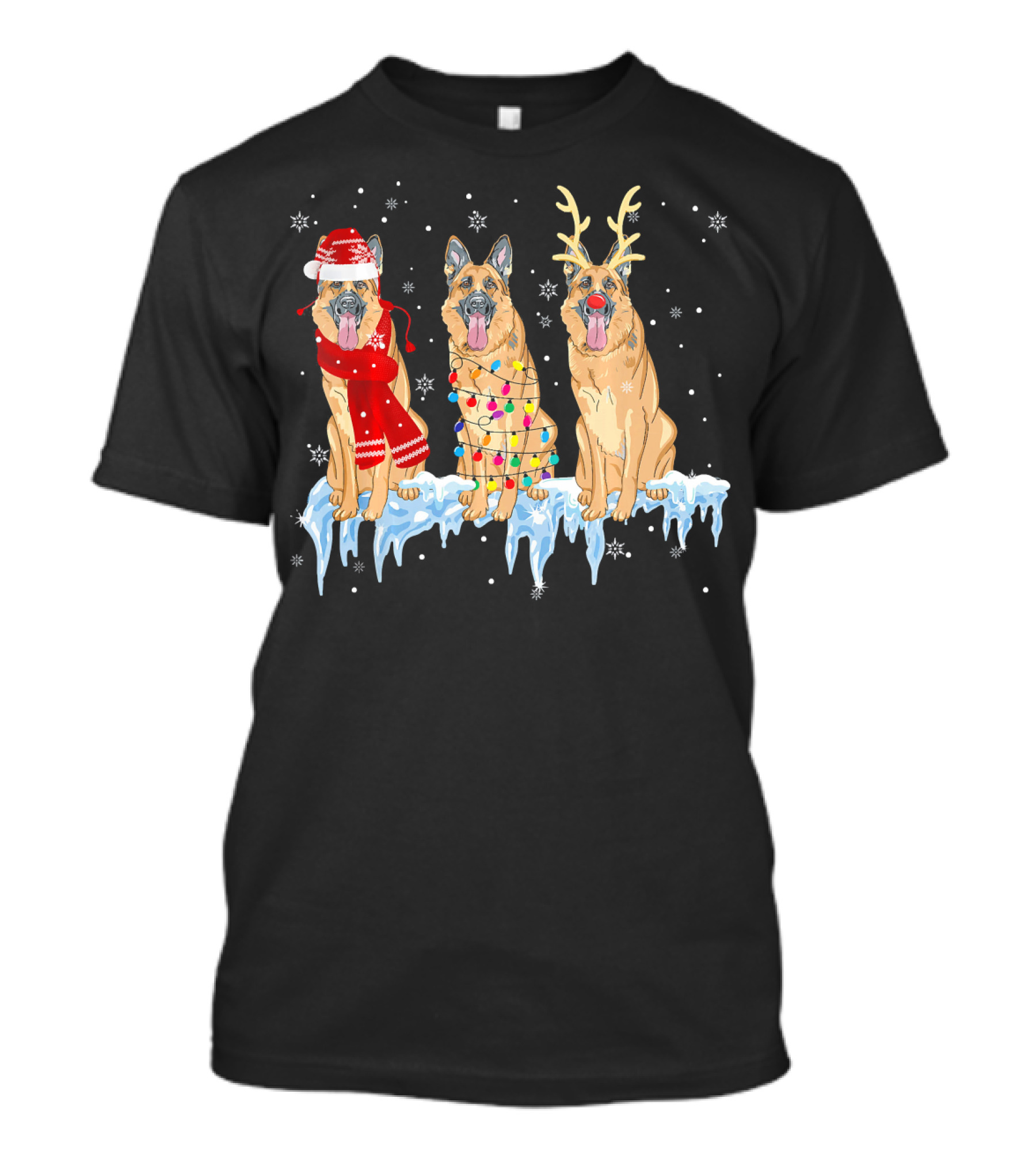 German Shepherd Dog Christmas Lights Reindeer And Santa Hat Trio T-Shirt