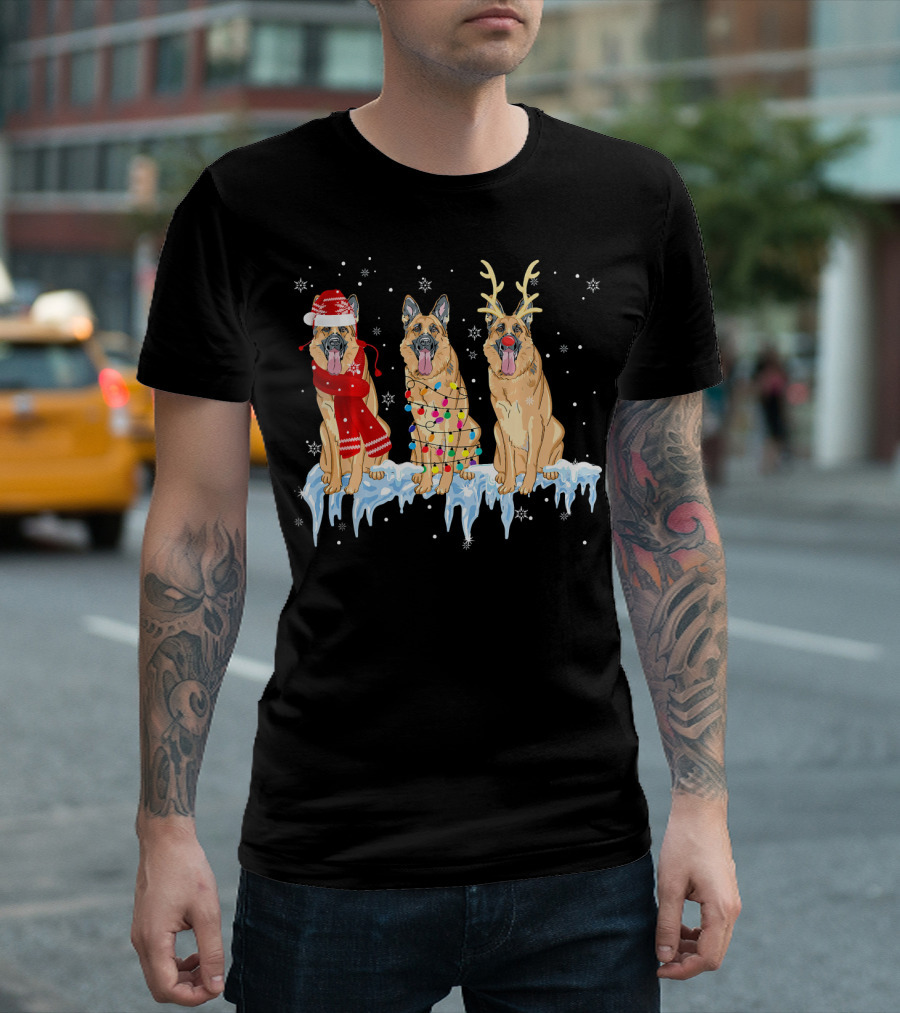 German Shepherd Dog Christmas Lights Reindeer And Santa Hat Trio T-Shirt
