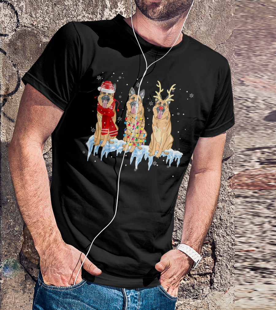 German Shepherd Dog Christmas Lights Reindeer And Santa Hat Trio T-Shirt