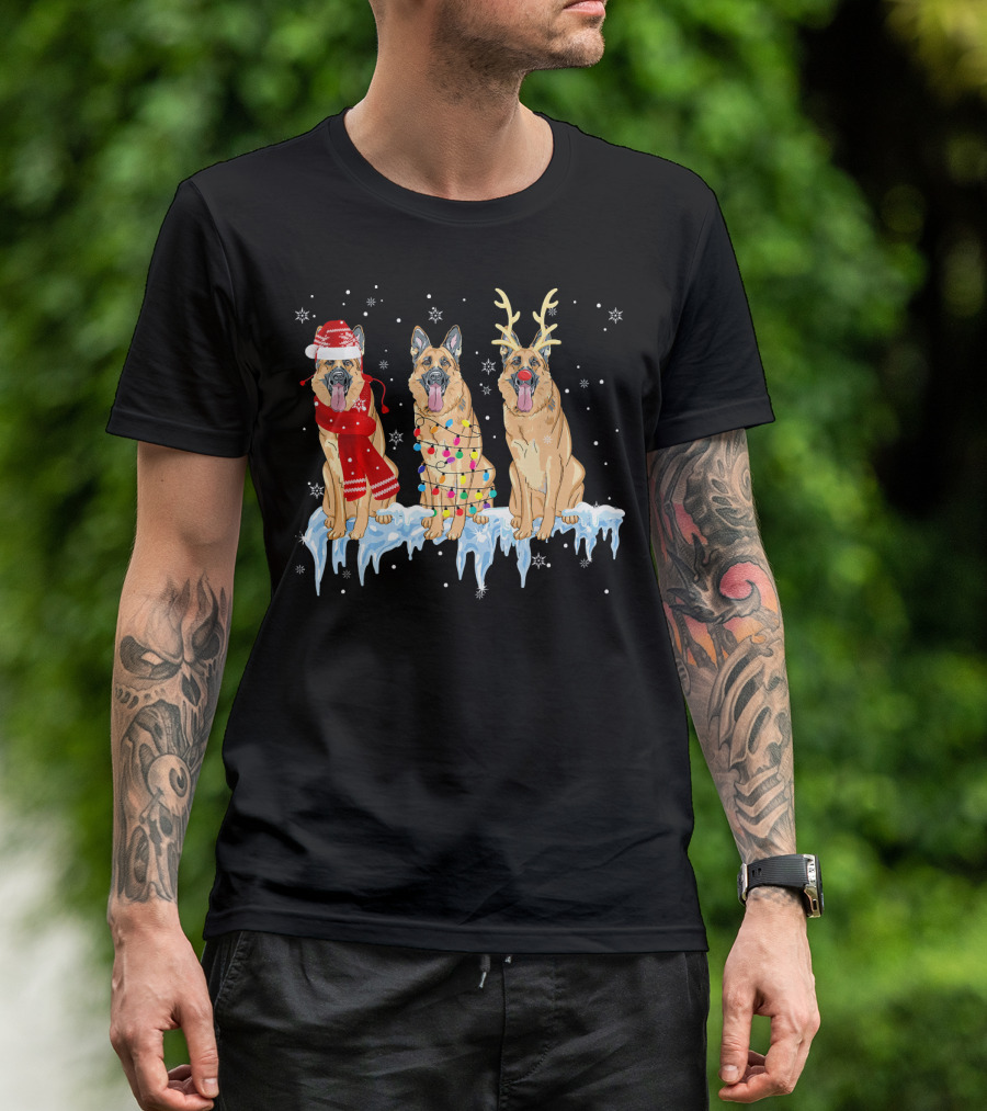 German Shepherd Dog Christmas Lights Reindeer And Santa Hat Trio T-Shirt