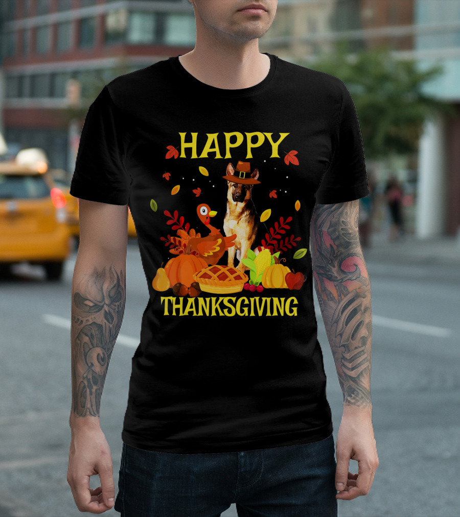 Happy Thanksgiving German Shepherd and Turkey with Autumn Harvest T-Shirt