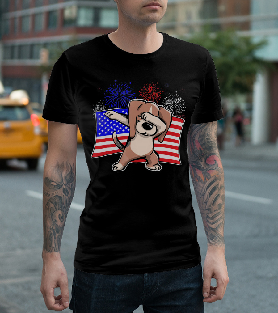 Independence Day Dabbing Beagle American Flag Fireworks T-Shirt