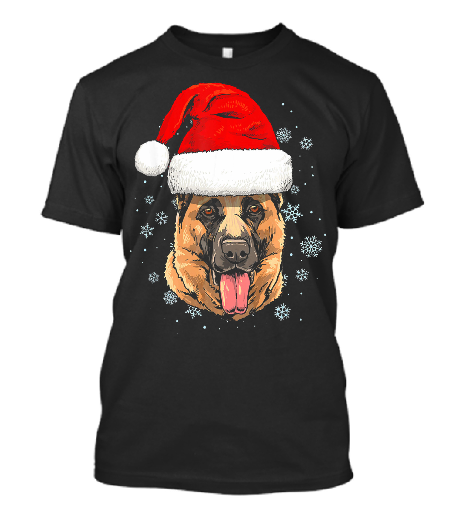 German Shepherd With Santa Hat Surrounded By Snowflakes T-Shirt