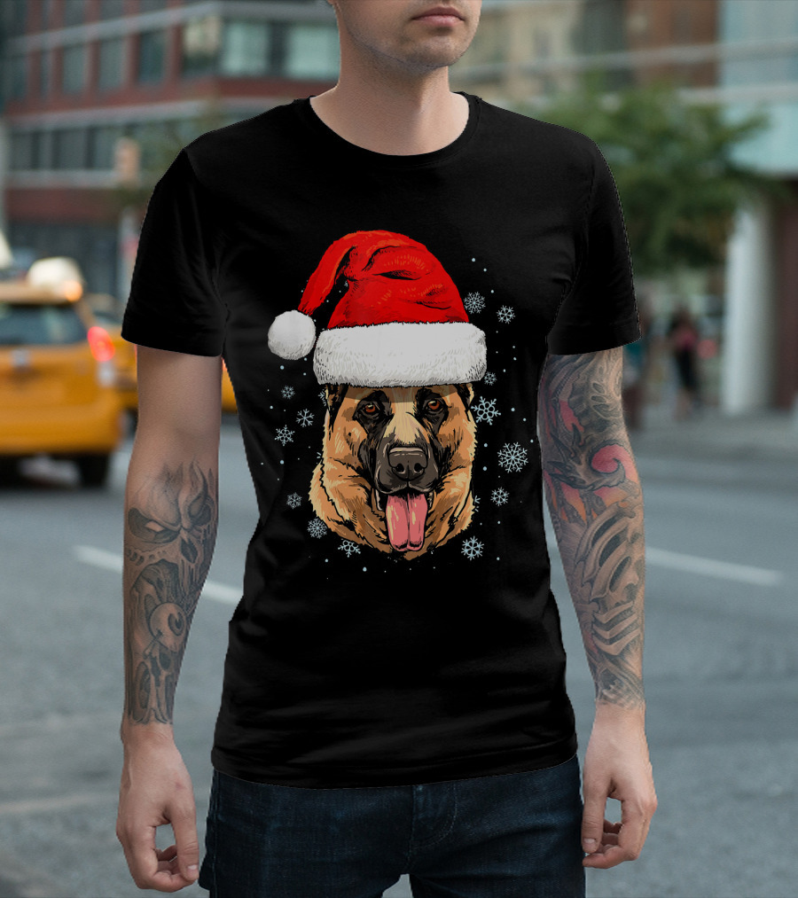 German Shepherd With Santa Hat Surrounded By Snowflakes T-Shirt