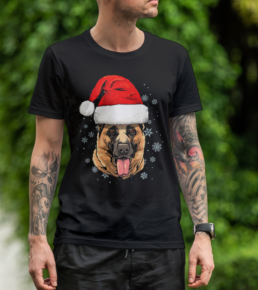 German Shepherd With Santa Hat Surrounded By Snowflakes T-Shirt