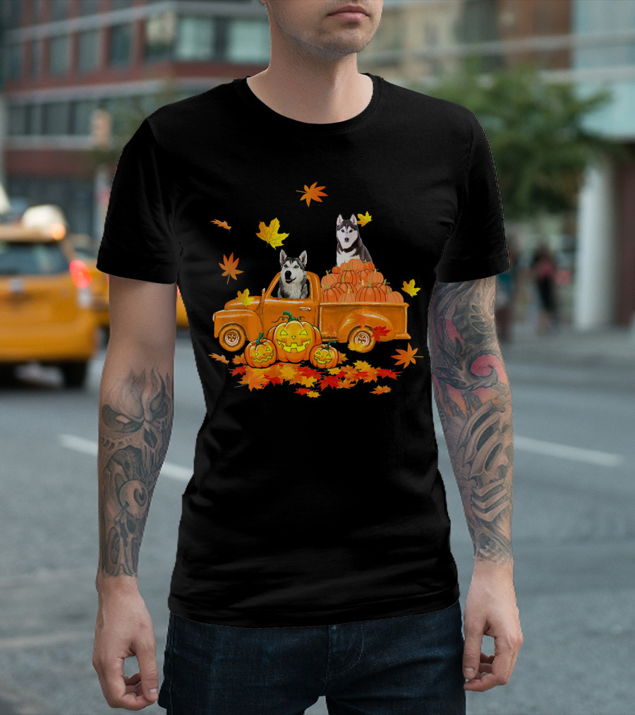 Siberian Husky Halloween Truck with Pumpkins and Autumn Leaves T-Shirt