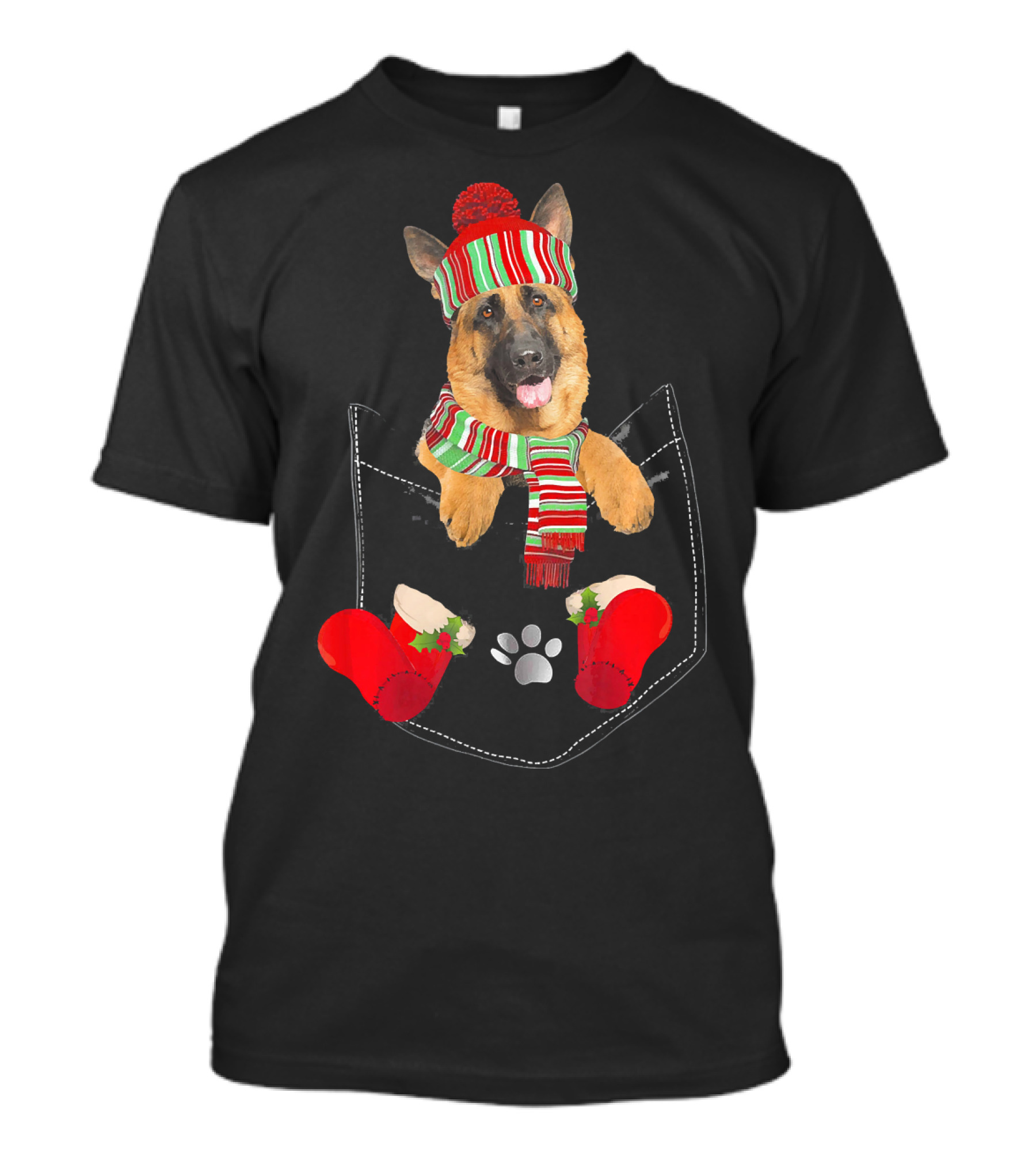 German Shepherd In Festive Striped Hat And Scarf In Christmas Pocket With Paw And Stockings T-Shirt