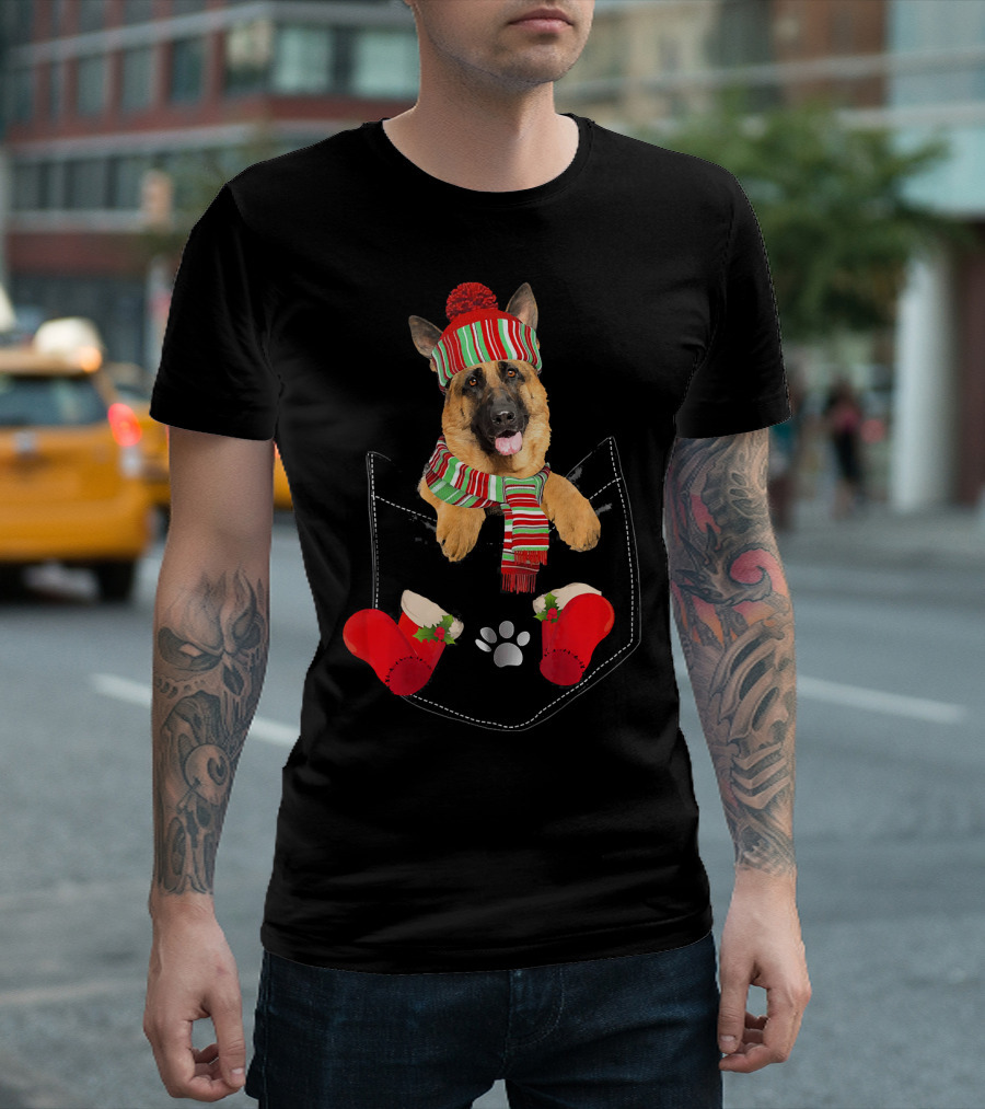 German Shepherd In Festive Striped Hat And Scarf In Christmas Pocket With Paw And Stockings T-Shirt
