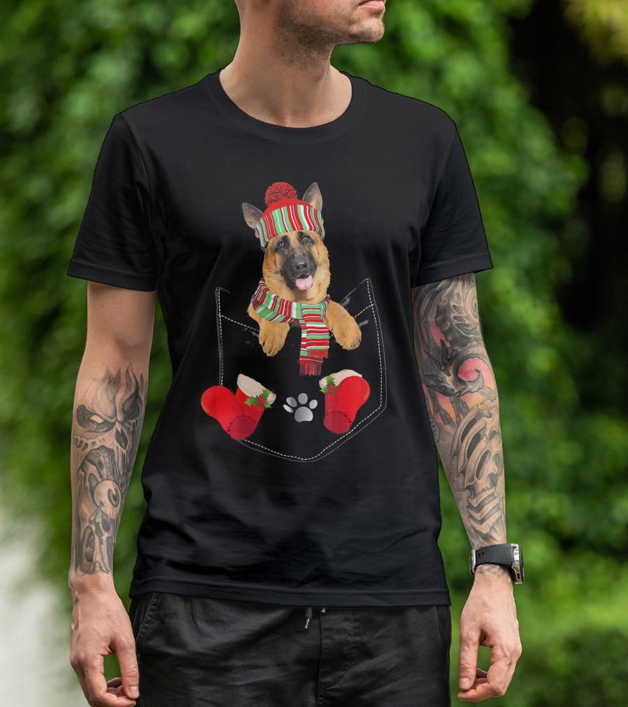 German Shepherd In Festive Striped Hat And Scarf In Christmas Pocket With Paw And Stockings T-Shirt