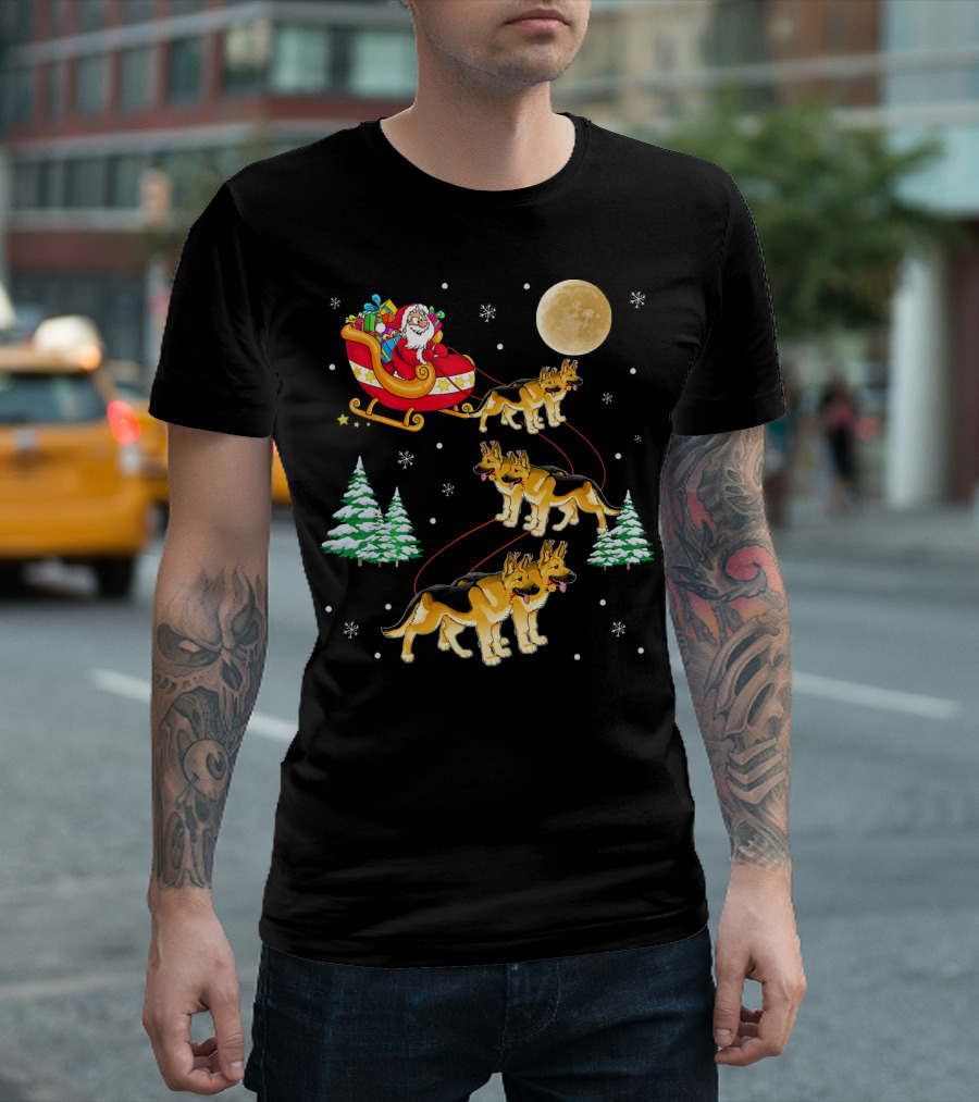 Santa Sleigh German Shepherd Reindeer Christmas Moon Snowy Trees T-Shirt