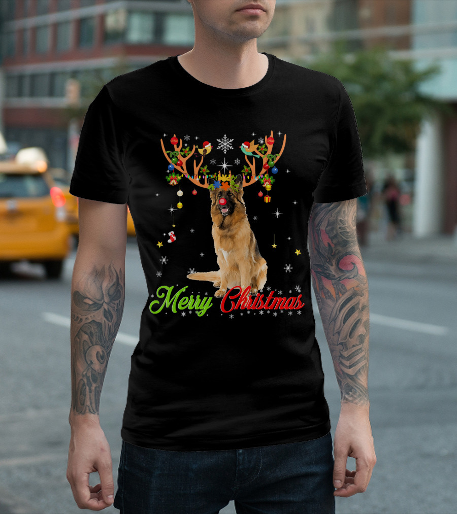Merry Christmas German Shepherd Dog With Antlers Snowflakes T-Shirt