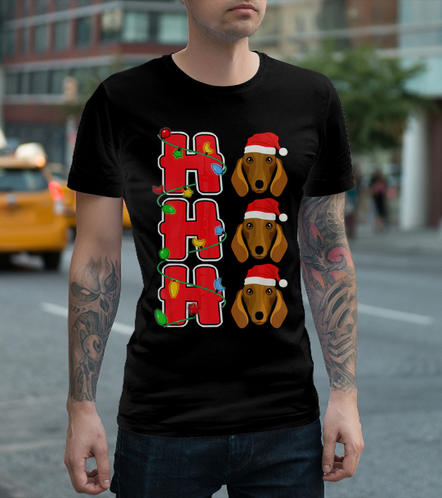 Ho Ho Ho Christmas Lights Santa Dachshund Trio T-Shirt