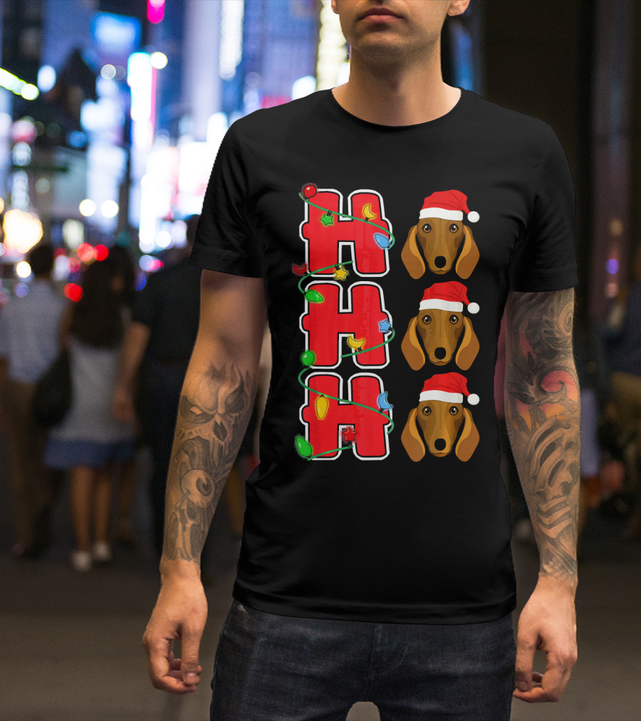 Ho Ho Ho Christmas Lights Santa Dachshund Trio T-Shirt