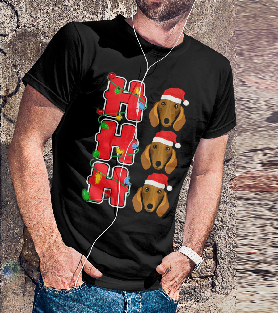 Ho Ho Ho Christmas Lights Santa Dachshund Trio T-Shirt