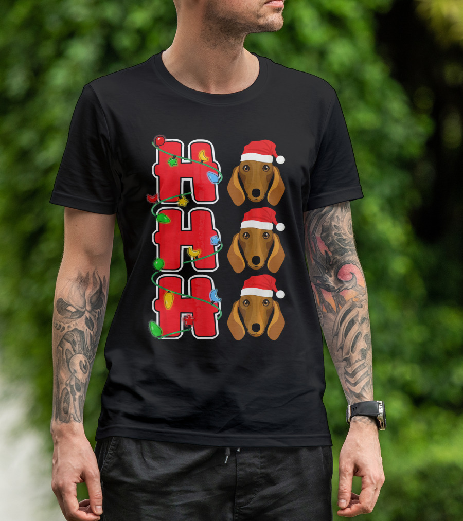 Ho Ho Ho Christmas Lights Santa Dachshund Trio T-Shirt