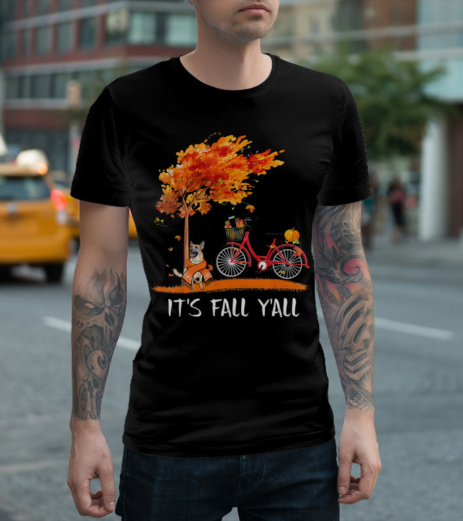 It's Fall Y'all German Shepherd Red Bike Pumpkin Tree T-Shirt