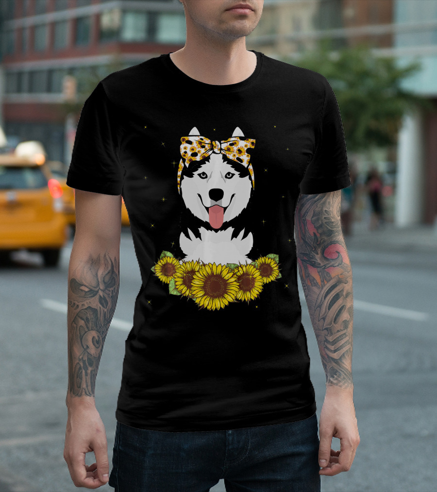 Girls Siberian Husky Dog with Sunflower Bow and Sunflowers T-Shirt