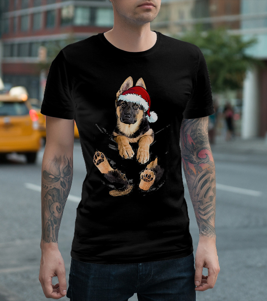 German Shepherd in Santa Hat Inside Pocket T-Shirt