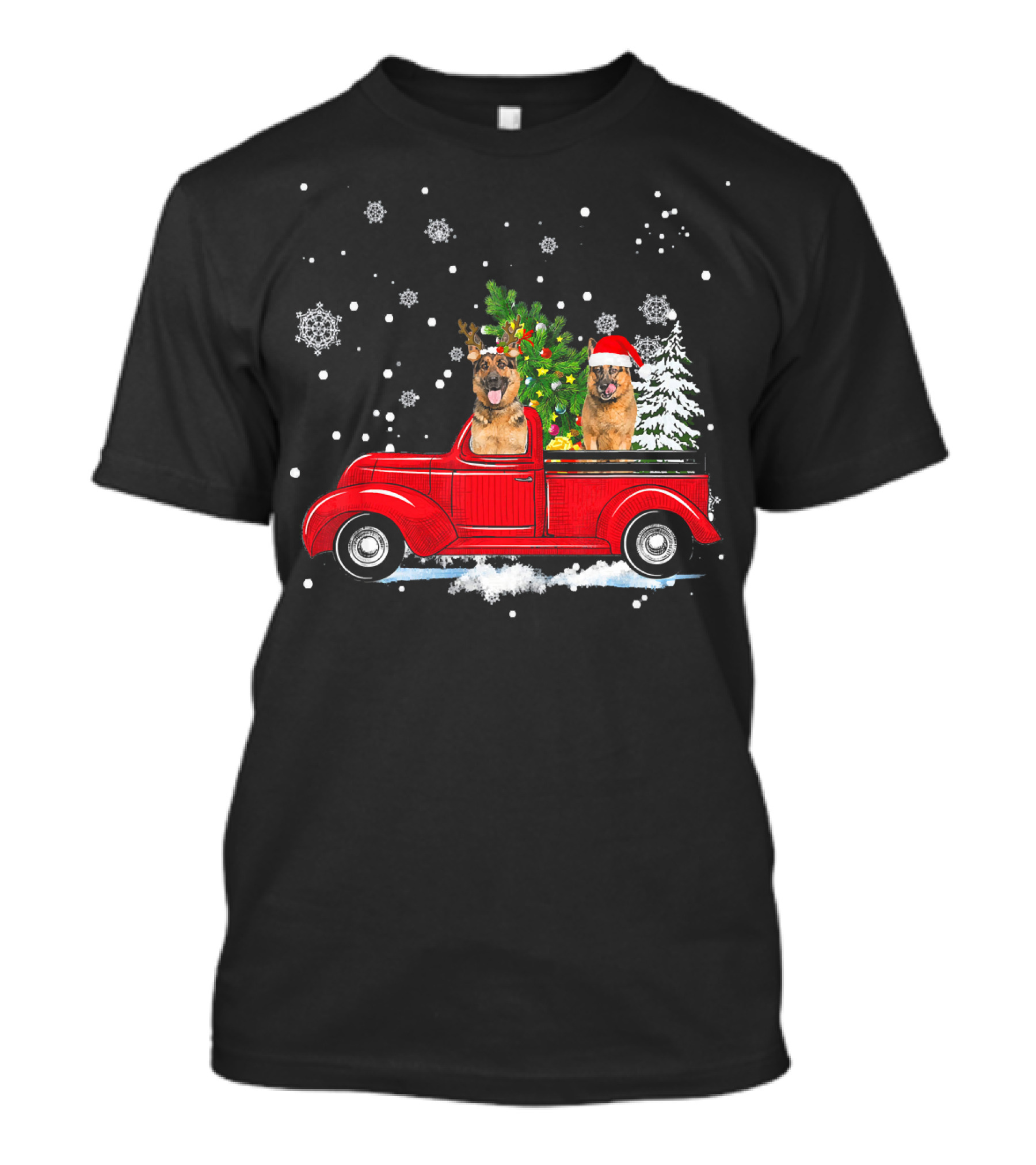 German Shepherds In Santa Hats Driving Red Christmas Truck T-Shirt