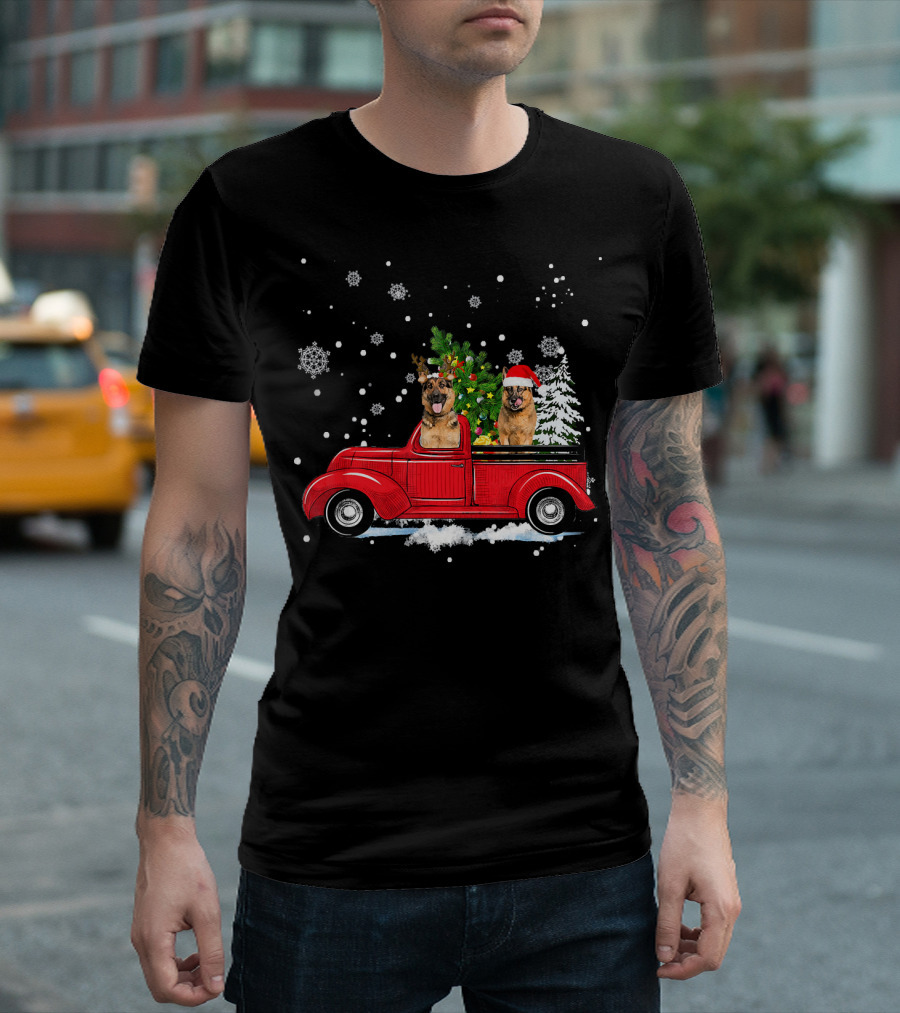 German Shepherds In Santa Hats Driving Red Christmas Truck T-Shirt