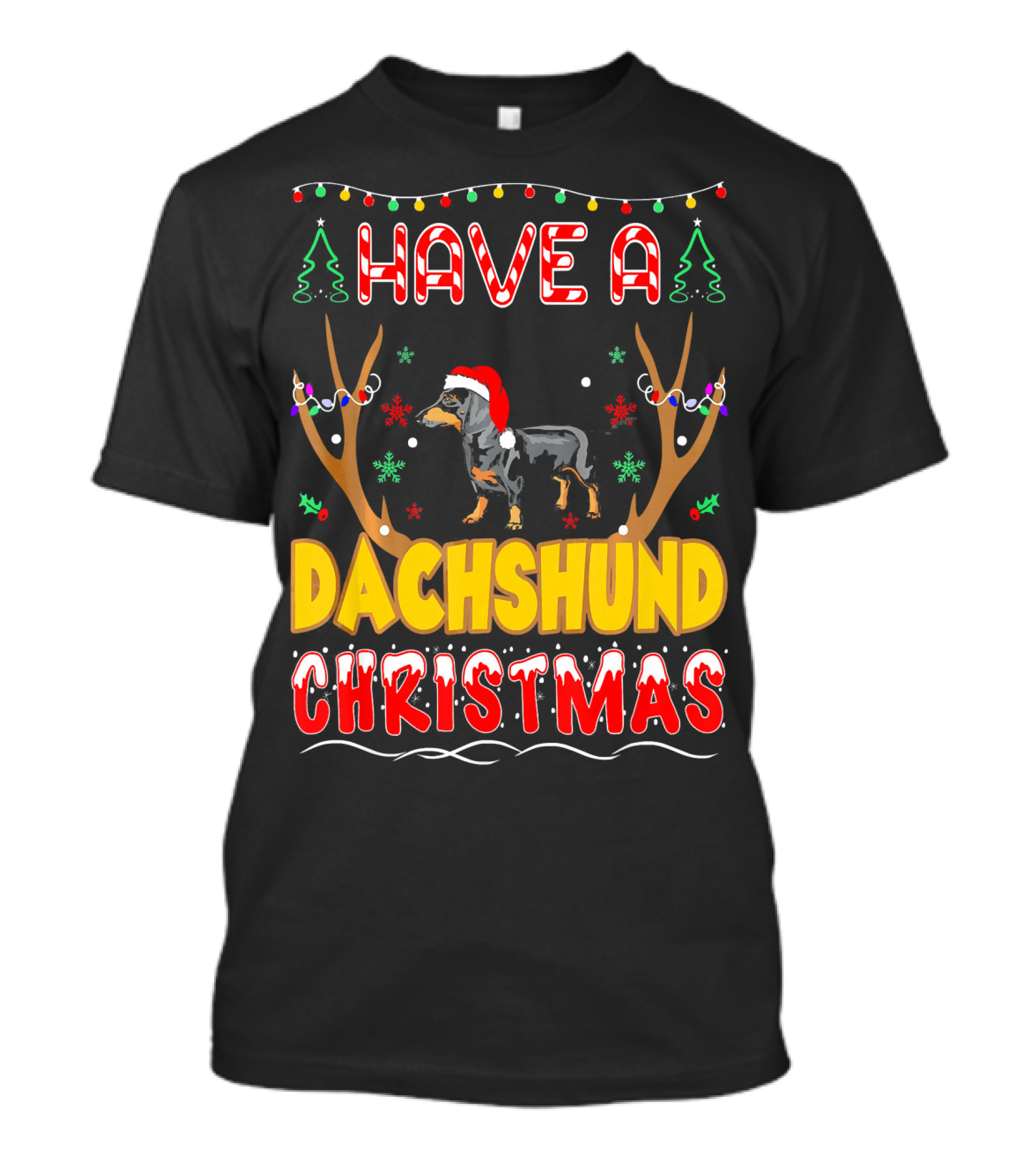 Have A Dachshund Christmas Pet Lovers Antlers Lights Snowflakes Santa Hat T-Shirt