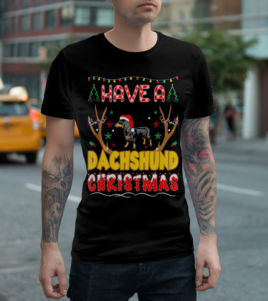 Have A Dachshund Christmas Pet Lovers Antlers Lights Snowflakes Santa Hat T-Shirt