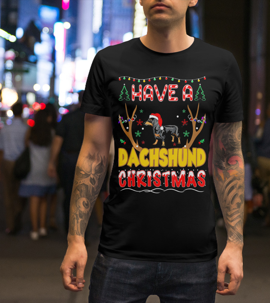 Have A Dachshund Christmas Pet Lovers Antlers Lights Snowflakes Santa Hat T-Shirt