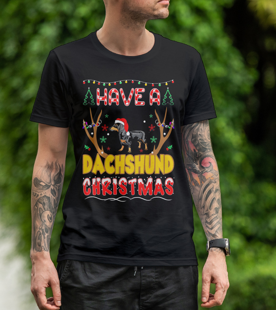 Have A Dachshund Christmas Pet Lovers Antlers Lights Snowflakes Santa Hat T-Shirt