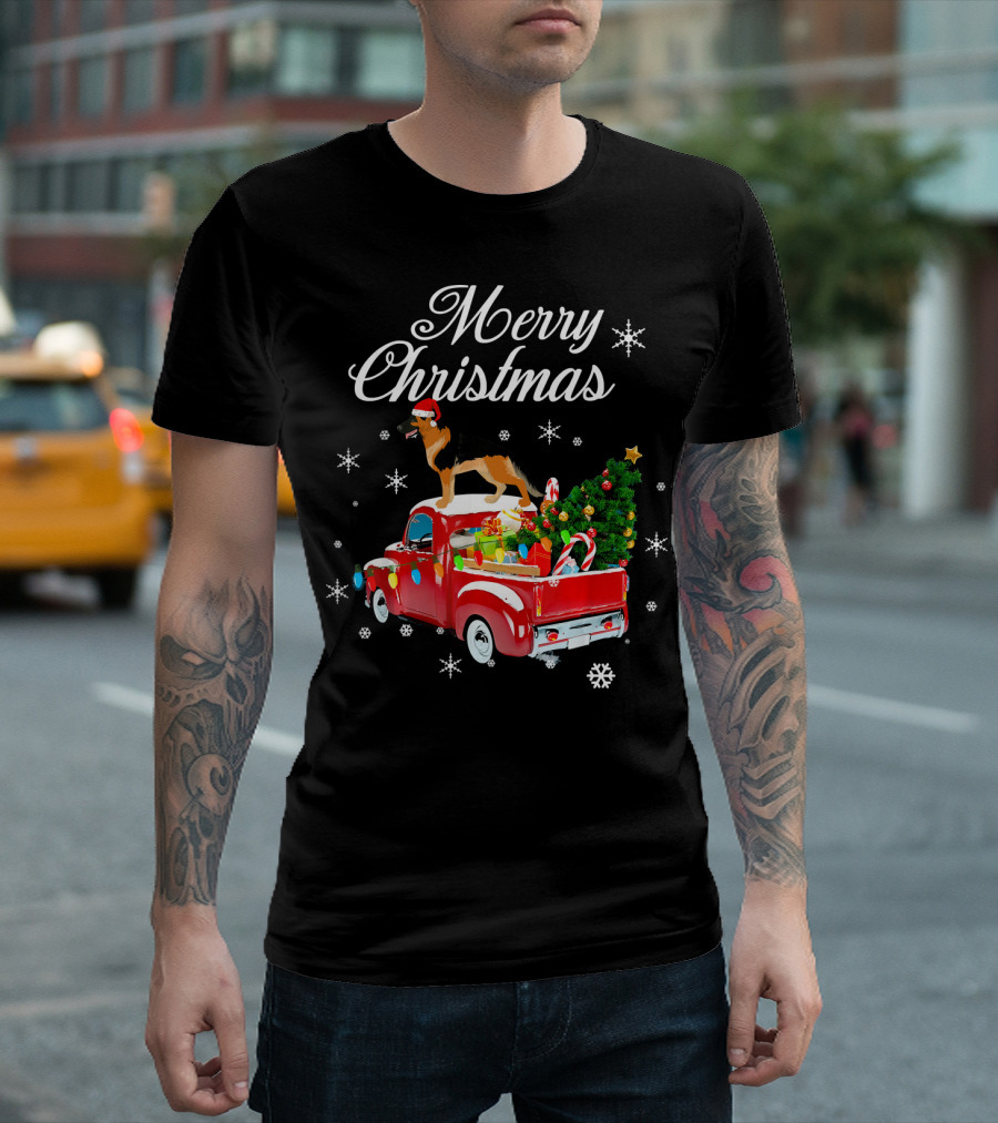 Merry Christmas German Shepherd on Red Truck with Christmas Tree and Gifts T-Shirt