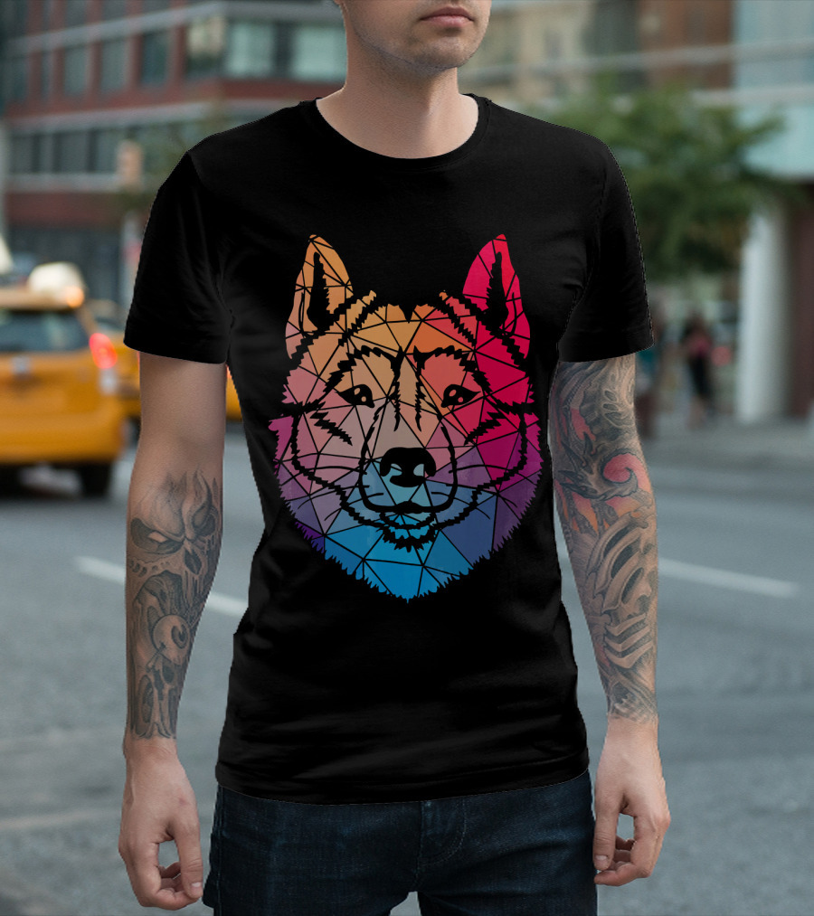 Geometric Cool Siberian Husky Shape Rainbow Gradient T-Shirt