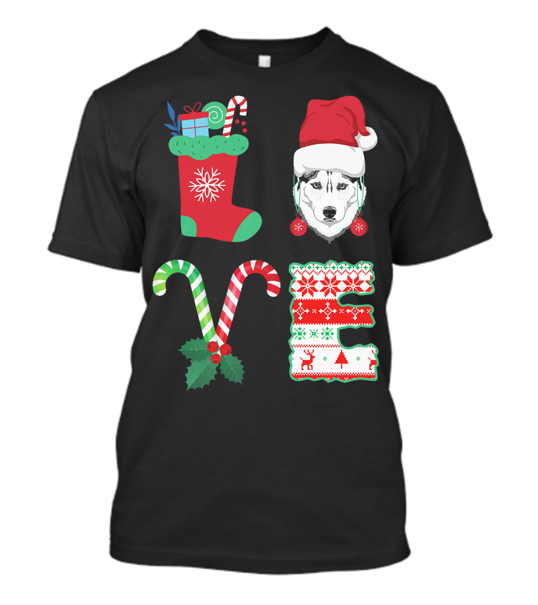 I Love My Husky Sibir Christmas Candy Cane Stocking Santa Hat T-Shirt