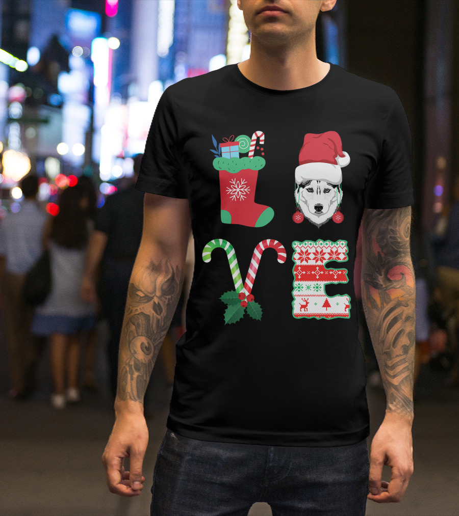 I Love My Husky Sibir Christmas Candy Cane Stocking Santa Hat T-Shirt