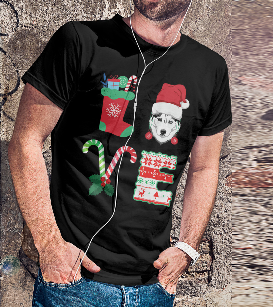 I Love My Husky Sibir Christmas Candy Cane Stocking Santa Hat T-Shirt