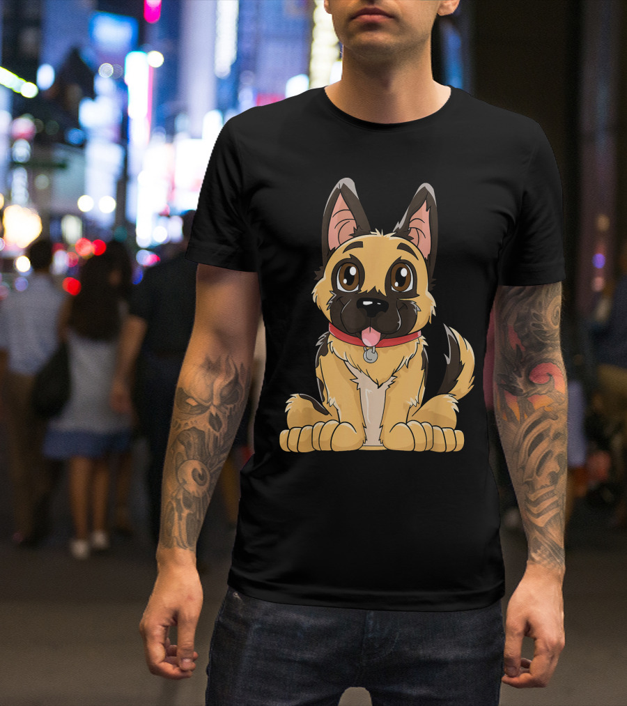 German Shepherd Cute Puppy With Red Collar And Happy Expression T-Shirt