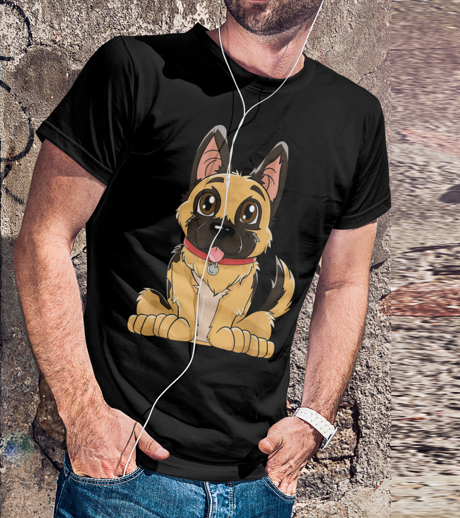 German Shepherd Cute Puppy With Red Collar And Happy Expression T-Shirt