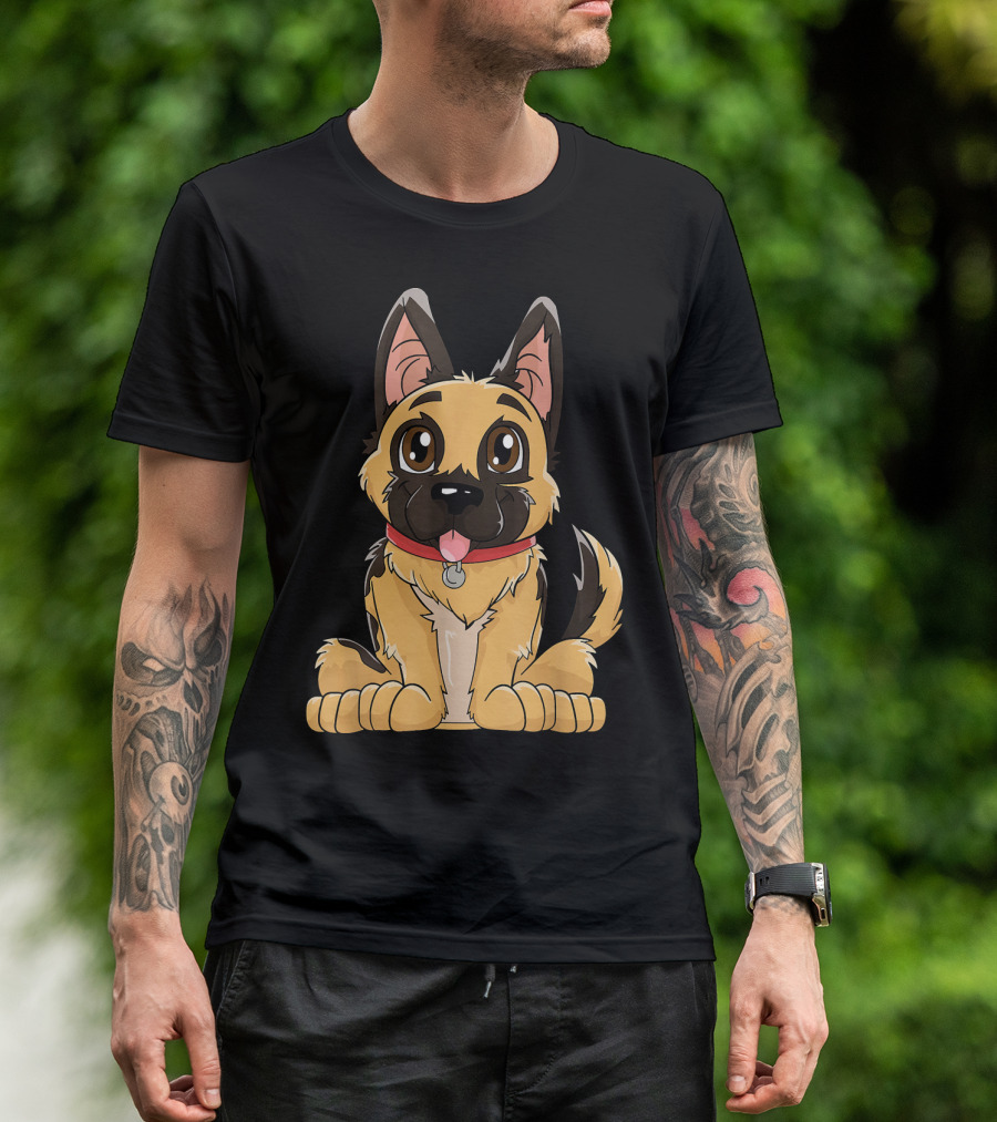 German Shepherd Cute Puppy With Red Collar And Happy Expression T-Shirt