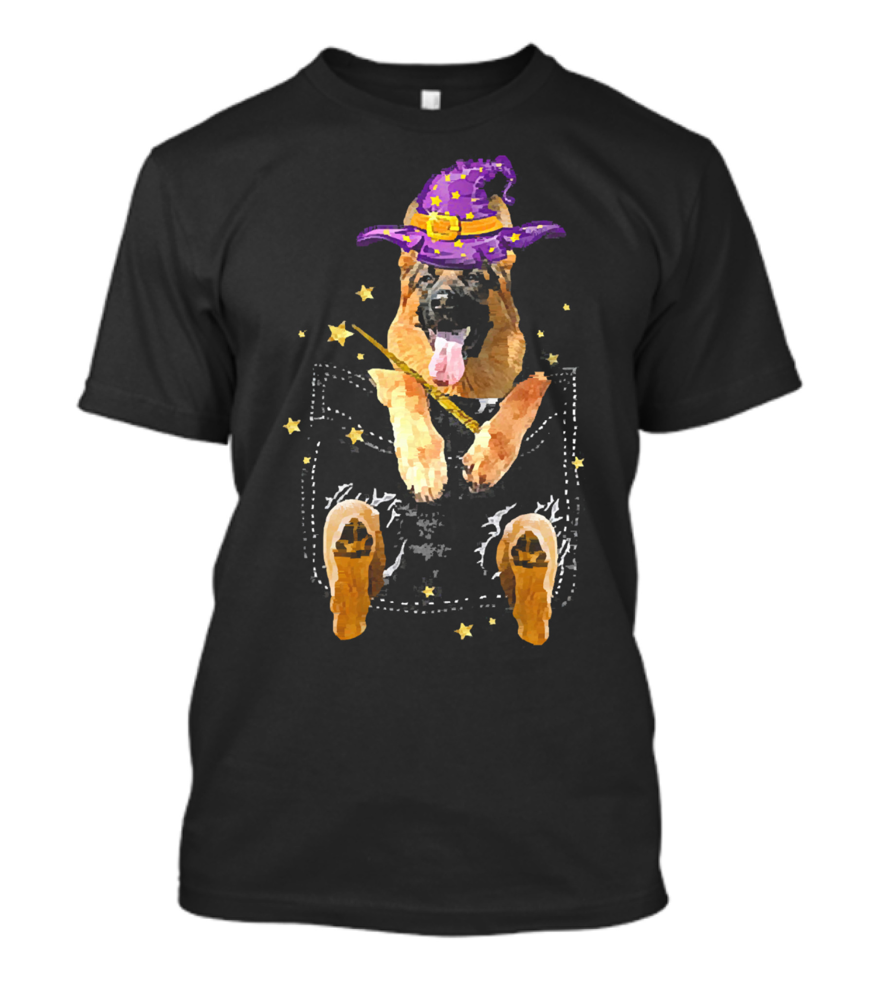 German Shepherd Witch In Pocket With Stars And Wand T-Shirt