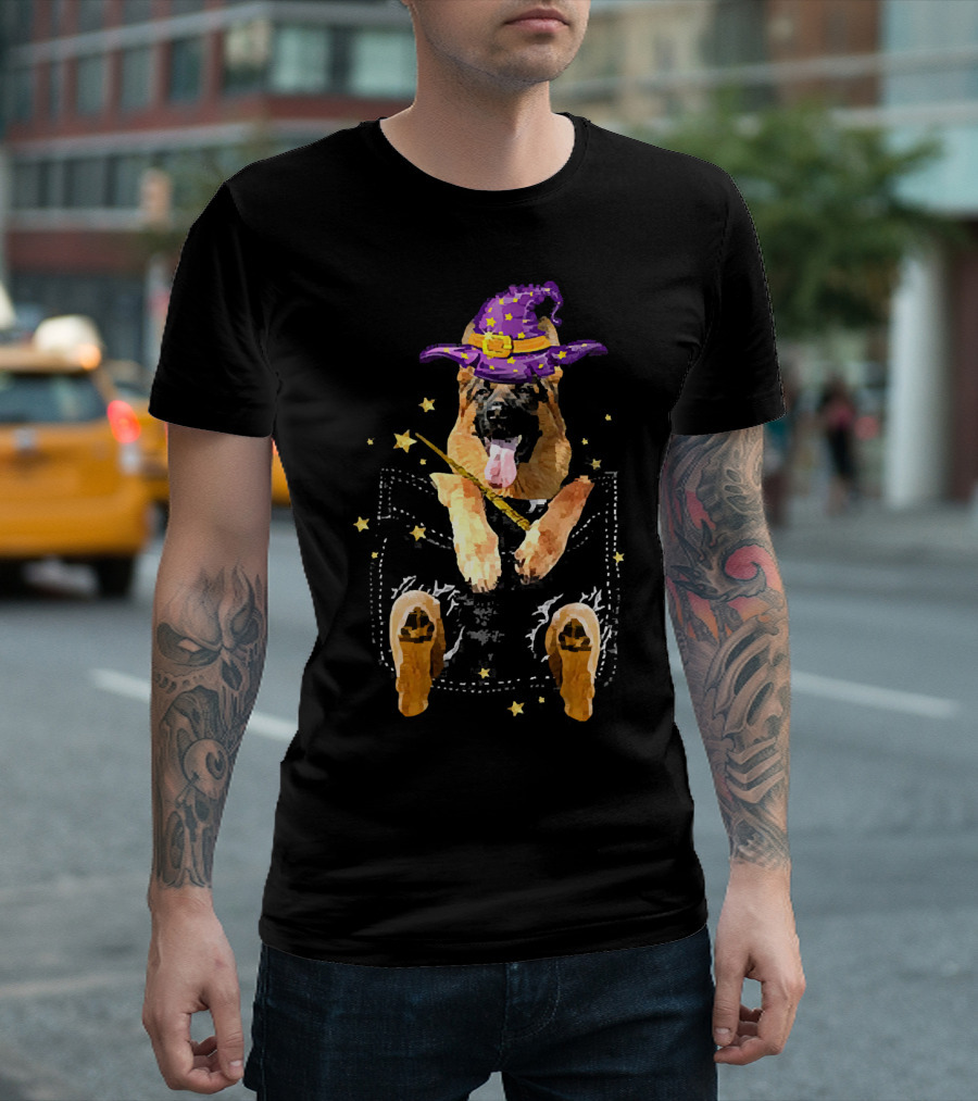 German Shepherd Witch In Pocket With Stars And Wand T-Shirt