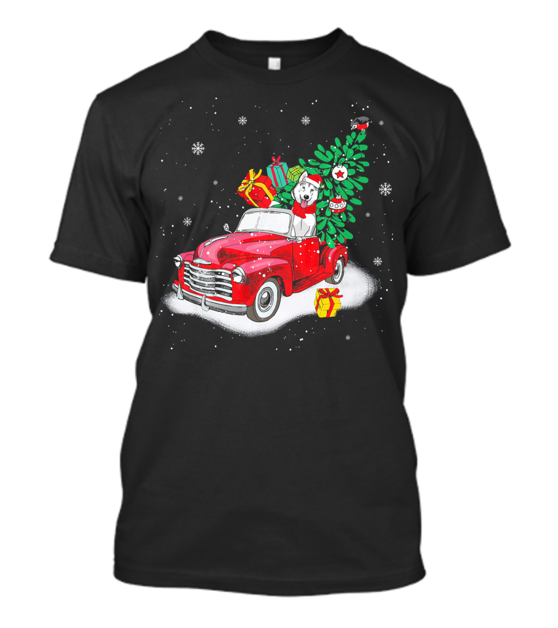 Husky Santa With Presents In Snowy Red Truck Carrying Christmas Tree T-Shirt