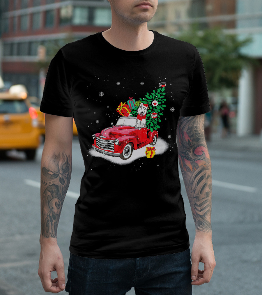 Husky Santa With Presents In Snowy Red Truck Carrying Christmas Tree T-Shirt