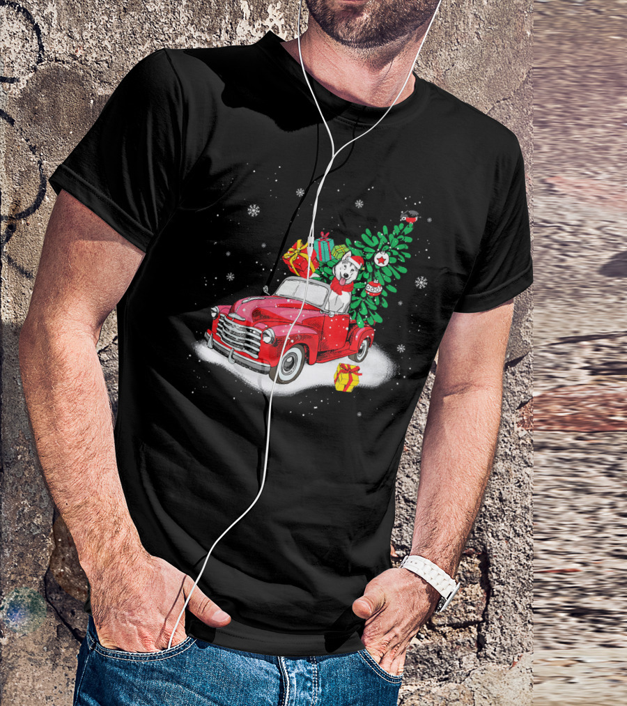 Husky Santa With Presents In Snowy Red Truck Carrying Christmas Tree T-Shirt